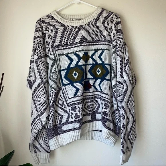 Vintage London Fog White Geometric Pattern Knit Sweater - Picture 1 of 5